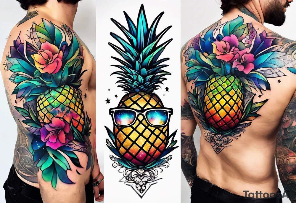 Stag in Amsterdam featuring colours of the universe and galaxies and amsterdam in the shape of a pineapple tattoo idea