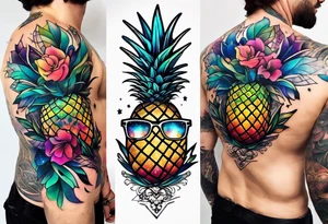 Stag in Amsterdam featuring colours of the universe and galaxies and amsterdam in the shape of a pineapple tattoo idea