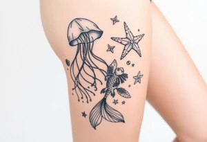 Ocean themed sleeve with jellyfish, mermaid, starfish, sea turtle, shells tattoo idea