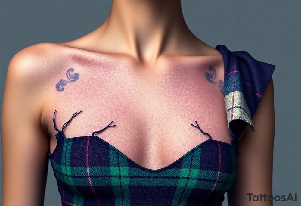 Chest 
Dark Purple with green pink blue and white highlights tartan fabric with skin around edges peeling and wrapping around side of shoulder tattoo idea