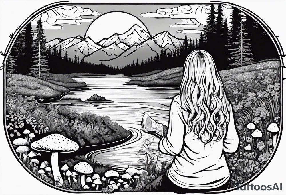 Whole picture encircled fully

Straight long blonde hair hippie girl in distance holding mushrooms in hand facing away toward mountains and creek surrounded by mushrooms long sleeve shirt and hiking pants; whole rendering within a full circle, no cut off circle tattoo idea