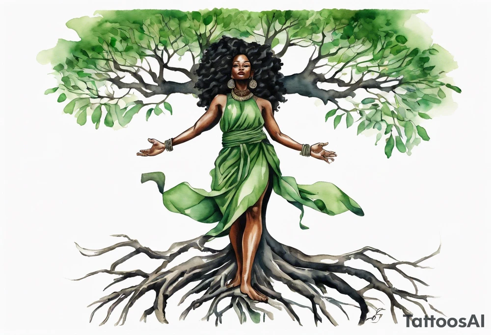 a tree trunk with roots that is a black woman from the waist up, feet made of tree roots, wearing a green tunic, arms stretched upwards towards the noon sun tattoo idea