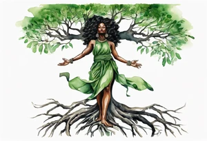 a tree trunk with roots that is a black woman from the waist up, feet made of tree roots, wearing a green tunic, arms stretched upwards towards the noon sun tattoo idea