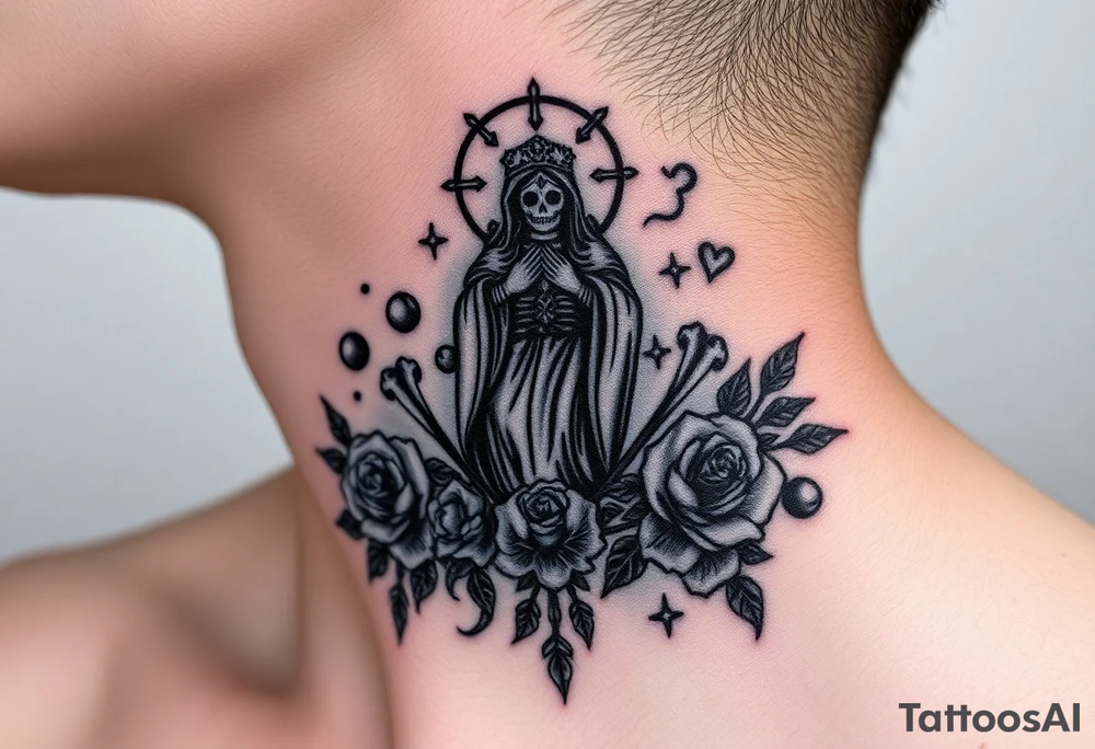 Santa muerte rising out of smoke surrounded by broken bones and roses tattoo idea