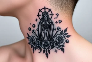 Santa muerte rising out of smoke surrounded by broken bones and roses tattoo idea