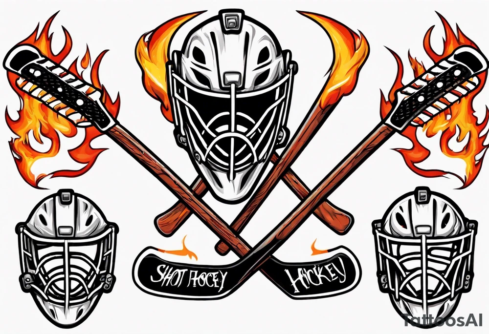 a goalie mask and crossed hockey sticks with flames that says "SHOT HOCKEY" tattoo idea