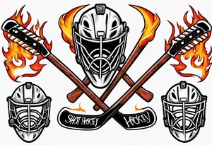 a goalie mask and crossed hockey sticks with flames that says "SHOT HOCKEY" tattoo idea