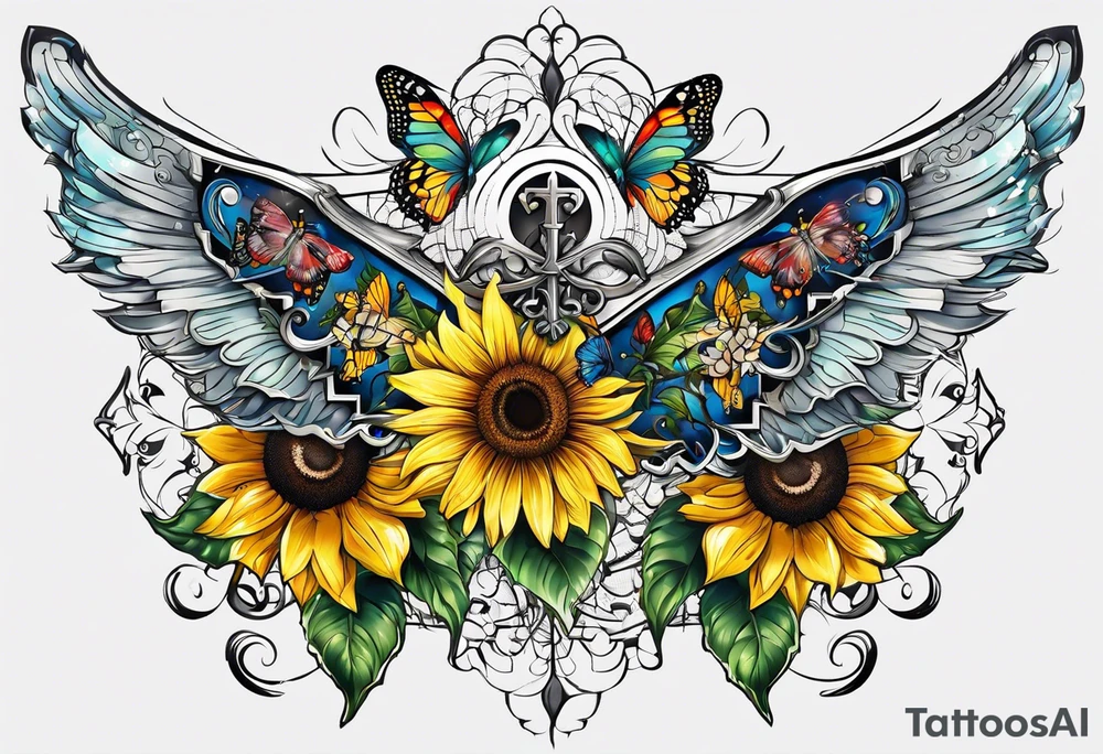 Winged cross with sunflower and butterflies tattoo idea