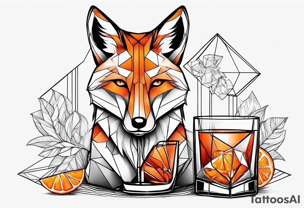 Geometric cool fox with one Negroni in short lowball cocktail glass with ice and orange peel tattoo idea