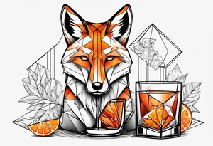Geometric cool fox with one Negroni in short lowball cocktail glass with ice and orange peel tattoo idea