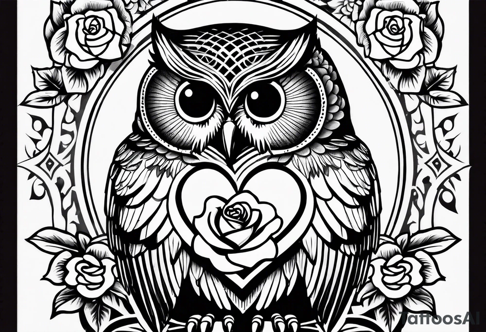 Barred owl with a rose and a heart tattoo idea
