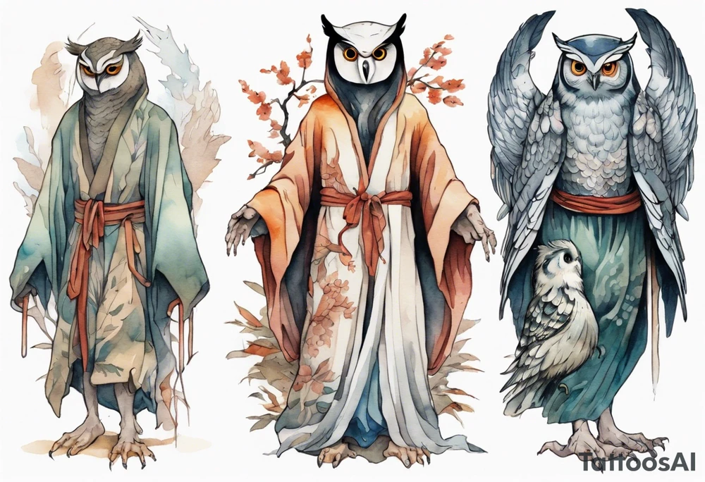 creature in an ancient robe wearing an owl mask walking in a forest with long thin legs, the feet of a bird, and wings instead of arms tattoo idea