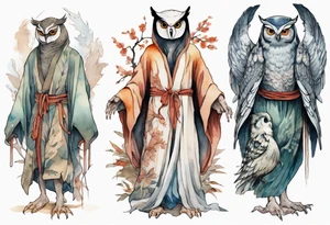 creature in an ancient robe wearing an owl mask walking in a forest with long thin legs, the feet of a bird, and wings instead of arms tattoo idea