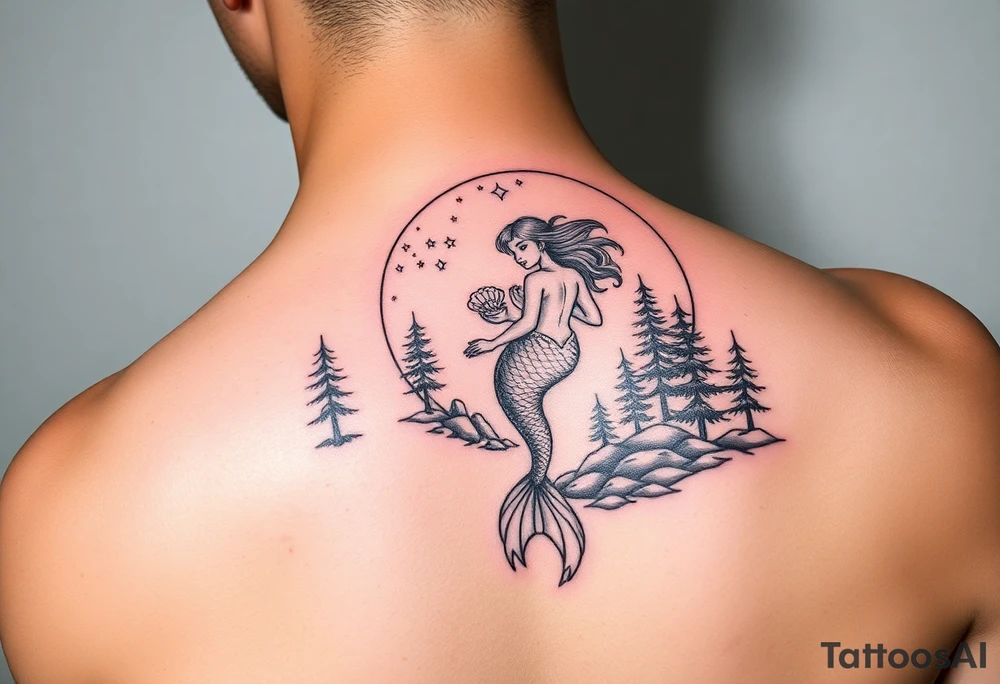 color tattoo on shoulder mermaid and forest around with starry sky tattoo idea