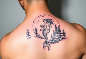 color tattoo on shoulder mermaid and forest around with starry sky tattoo idea