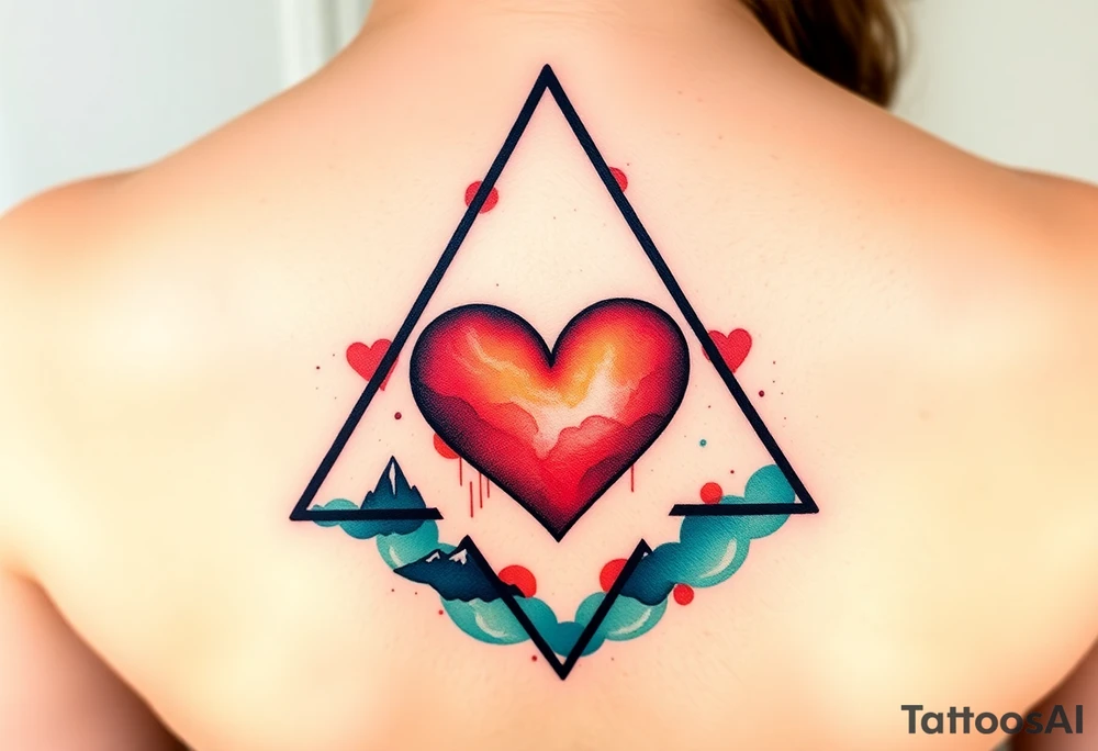 A triangle with a big heart in the center with a travel theme tattoo idea