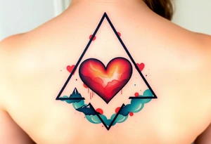 A triangle with a big heart in the center with a travel theme tattoo idea