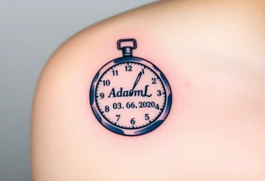 A stopwatch clock, which contains the child’s name "AdamL and birth date "03. 06. 2020", in blue, purple, and silver tattoo idea