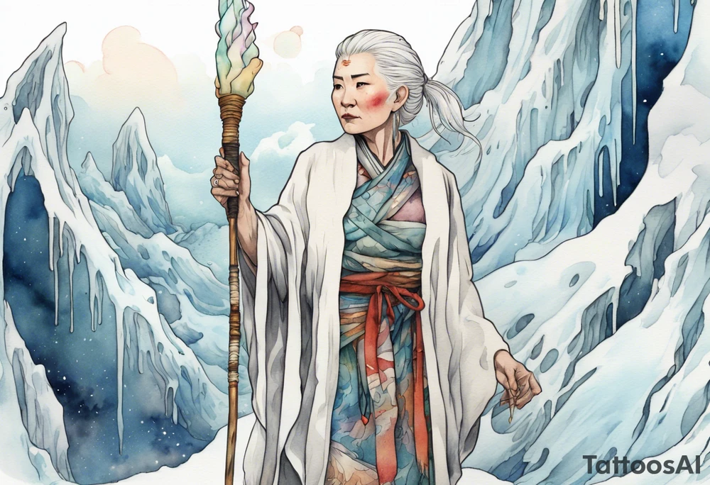 a 40 year old Sami woman with white hair and a white robe holding a unicorn horn staff, standing on an iceberg tattoo idea