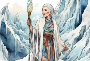 a 40 year old Sami woman with white hair and a white robe holding a unicorn horn staff, standing on an iceberg tattoo idea