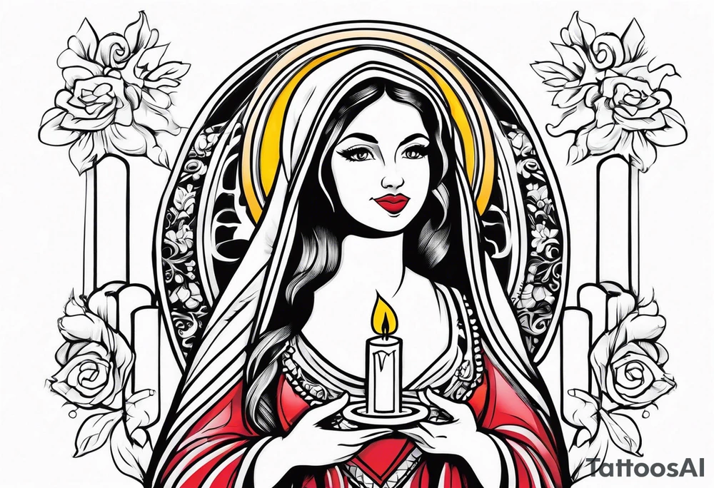 virgin maria holds 1 candle in her hand, tattoo should be full color tattoo idea