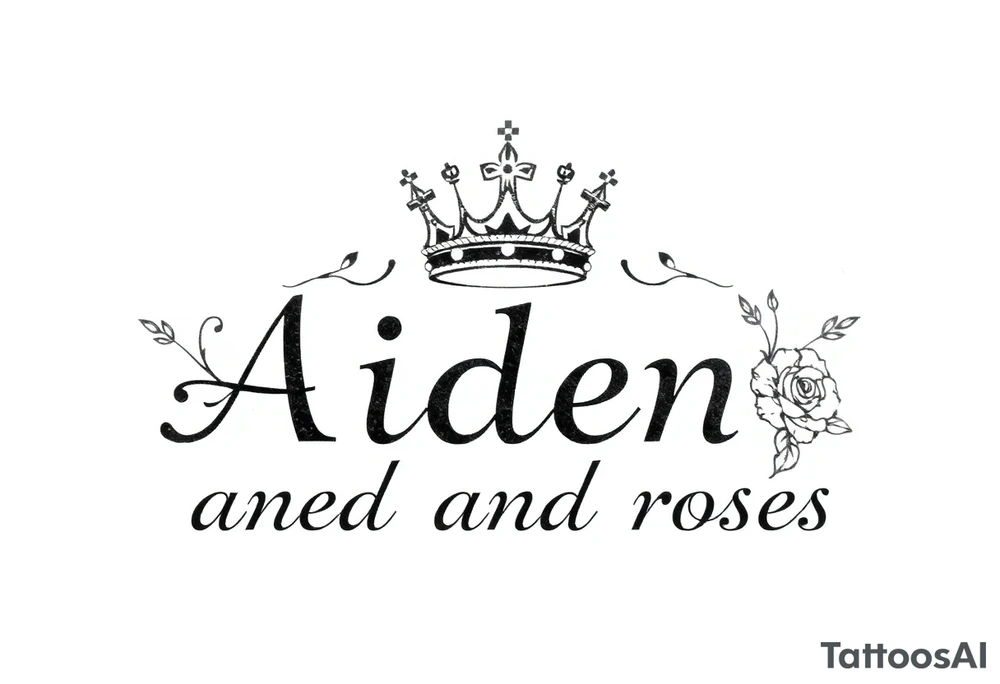 Small size Kings crown above the name Aiden and roses tattoo idea