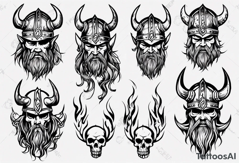 Viking head with skulls and flames tattoo idea