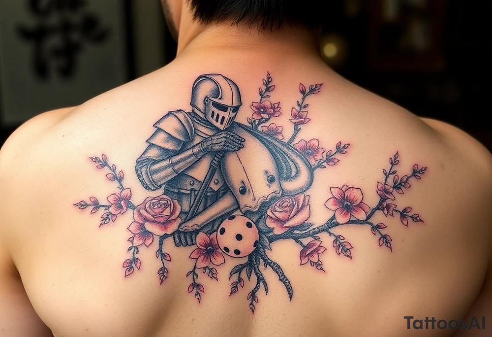 knight and squid intertwined with climbing roses and tree roots with cherry blossoms rolling dice tattoo idea