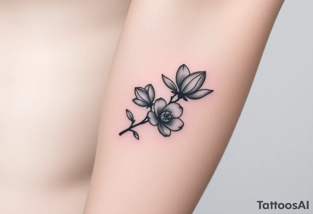 Branch with few magnolia flowers, in different blossom stages with botanical details tattoo idea