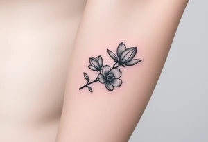 Branch with few magnolia flowers, in different blossom stages with botanical details tattoo idea