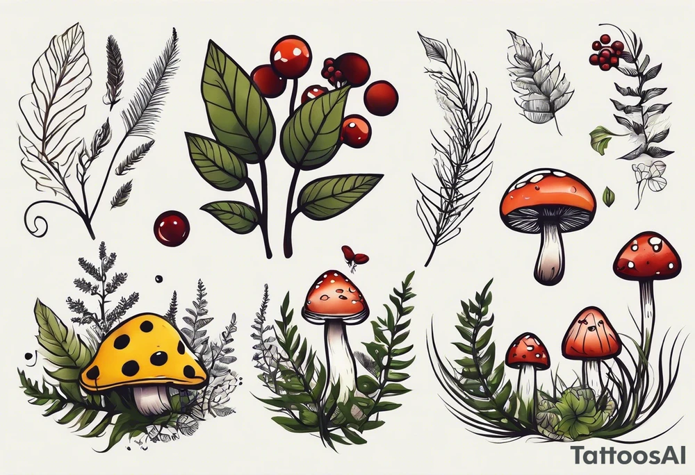 forest floor inspired minimalist tattoo, which includes grass, curly ferns, moss and dead leaves as the bulk of the tattoo. details to include: forest berries, a tiny bumblebee flying nearby, three small brown mushrooms
Generate a vertically long one tattoo idea