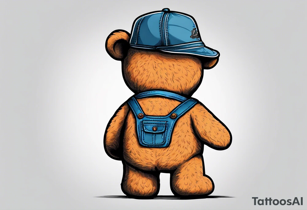 the back of a standing teddy bear wearing overalls tattoo idea