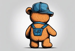 the back of a standing teddy bear wearing overalls tattoo idea