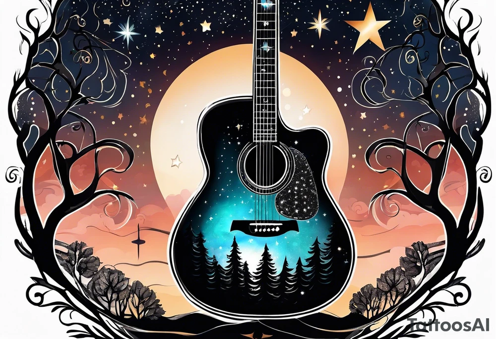 acoustic black guitar made out of trees and a night sky with a bright star tattoo idea