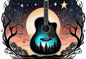 acoustic black guitar made out of trees and a night sky with a bright star tattoo idea