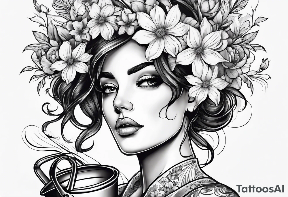 woman with flowers coming out of head with watering can in one hand watering her head with the other arm across her body holding her shoulder tattoo idea