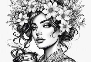 woman with flowers coming out of head with watering can in one hand watering her head with the other arm across her body holding her shoulder tattoo idea