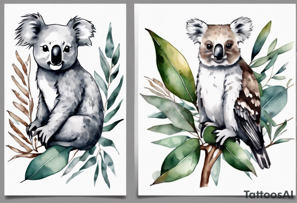 a koala and a kookaburra sitting on wattle and eucalyptus leaves tattoo idea