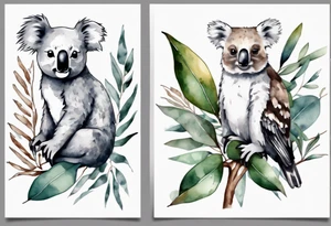a koala and a kookaburra sitting on wattle and eucalyptus leaves tattoo idea