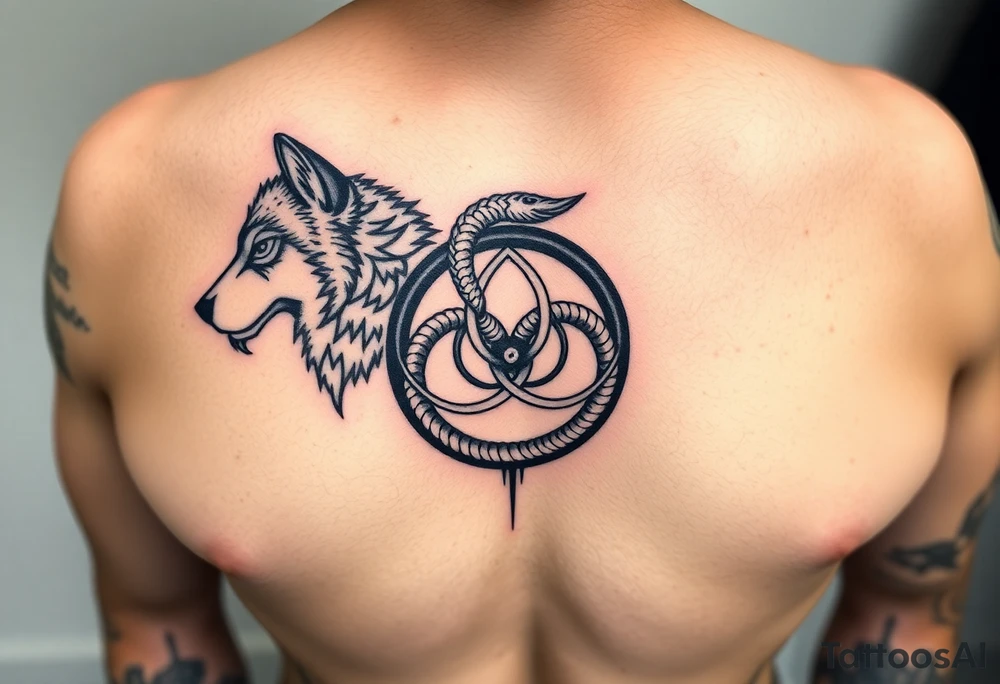 Wolf 🐺: strength, loyalty, family, and freedom

Ouroboros 🐍: signifies the perpetual cycle of creation and destruction, life and death, and the unity of opposites.

Triskelion: Cycles of life
Sleeve for men tattoo idea