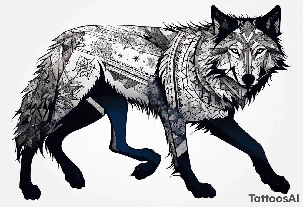 Constellation, two animal wolf, géométric, snowflake tattoo idea