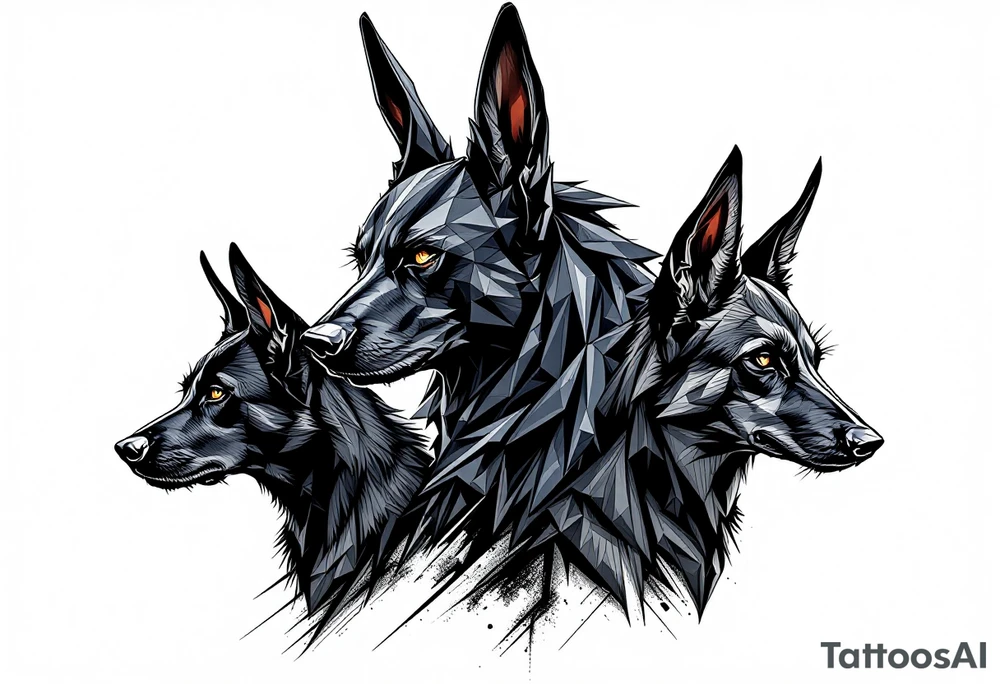 a creature that looks strongly like Anubis, plus a black Labrador and a black German Shepard, with the tall pointy ears of a jackal, looking back, serious and daring tattoo idea