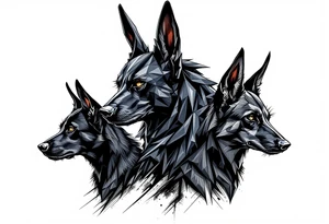 a creature that looks strongly like Anubis, plus a black Labrador and a black German Shepard, with the tall pointy ears of a jackal, looking back, serious and daring tattoo idea