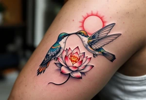 A hummingbird drinking from a lotus flower with one wing made of light (sun disc) and the other made of shadow (crescent moon) (red and black only) tattoo idea