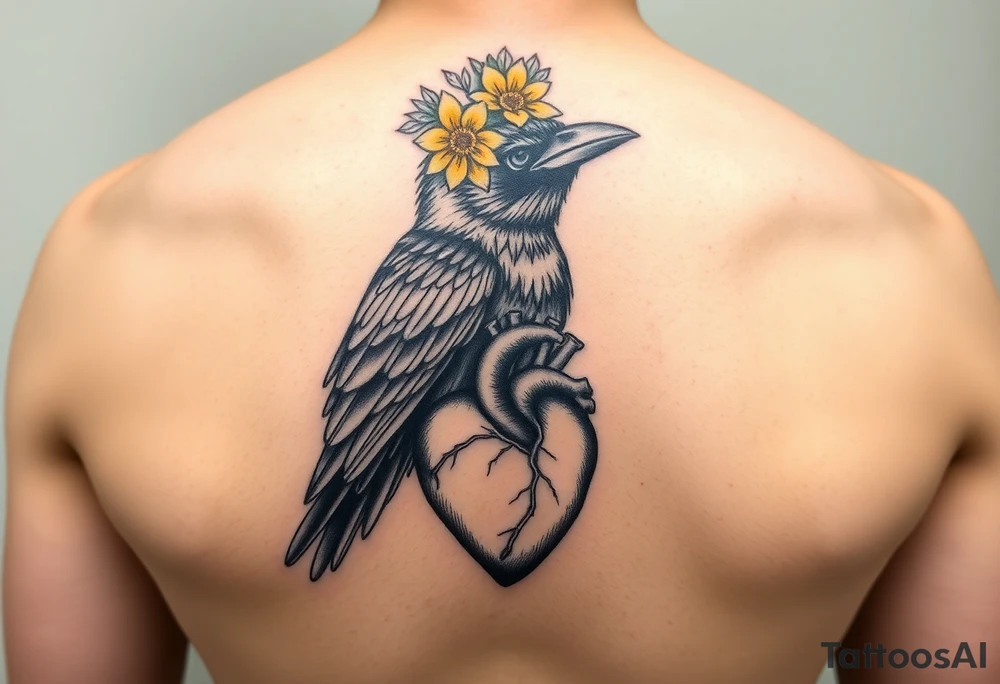 Crow with yellow flower crown holding wand and anatomical heart tattoo idea