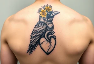 Crow with yellow flower crown holding wand and anatomical heart tattoo idea