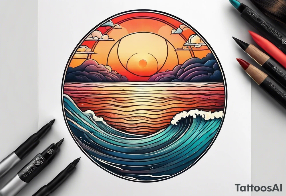 Circle shape, inside sunset and ocean drawing with retro look tattoo idea