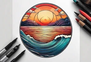 Circle shape, inside sunset and ocean drawing with retro look tattoo idea