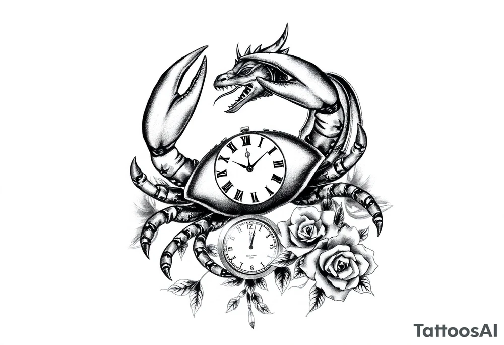 Dark cancer zodiac sign tattoo with dragon, clock and roses on background tattoo idea