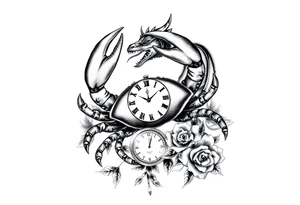 Dark cancer zodiac sign tattoo with dragon, clock and roses on background tattoo idea